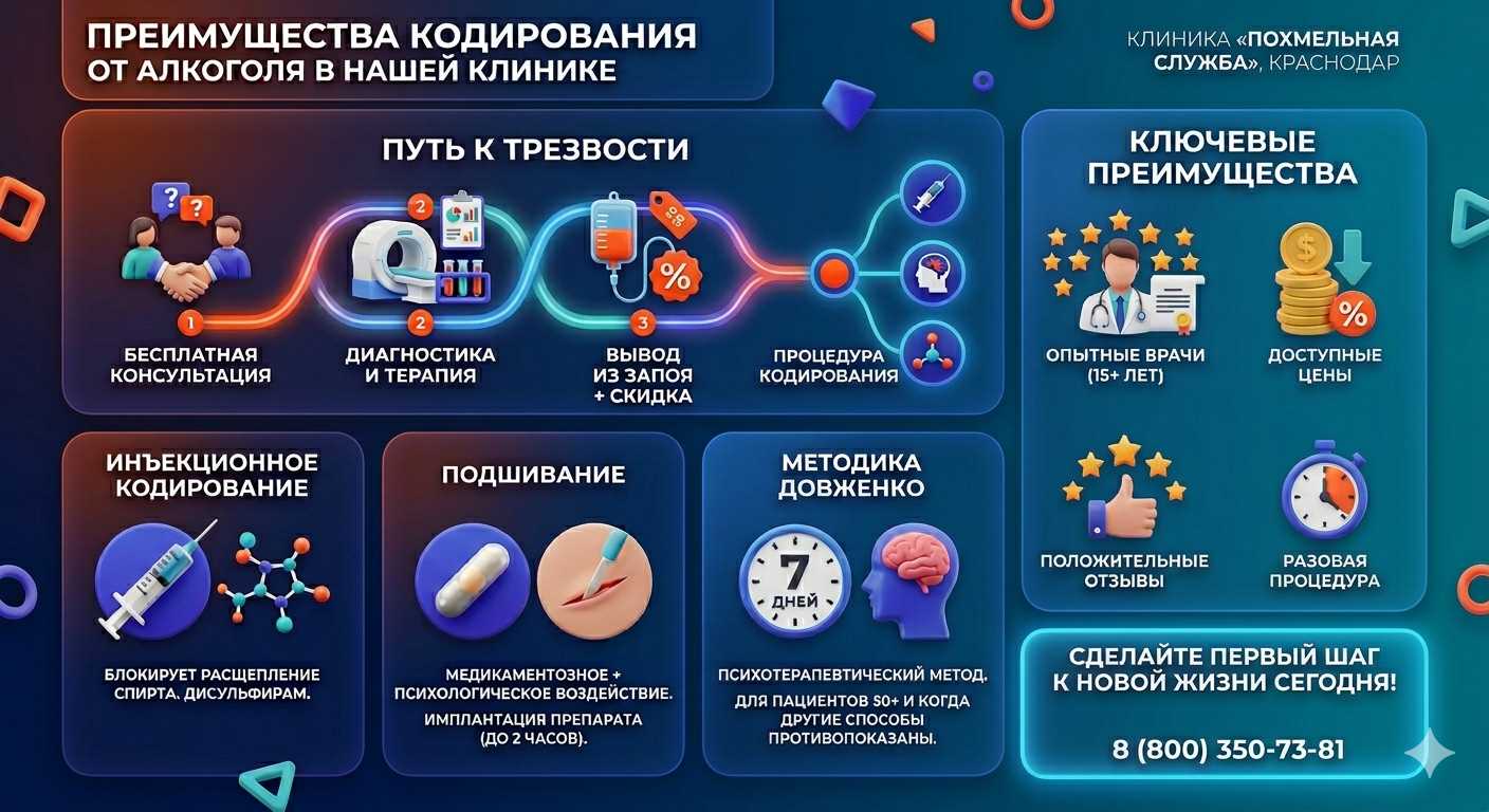 Инфографика о методах кодирования от алкоголя в Кагальнике: инъекции, подшивание, метод Довженко. Преимущества клиники и этапы лечения.