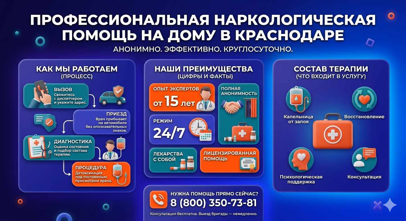 Инфографика о принципах лечения алкоголизма на дому в Кагальнике: этапы вызова нарколога, преимущества анонимной детоксикации и состав медицинской помощи.